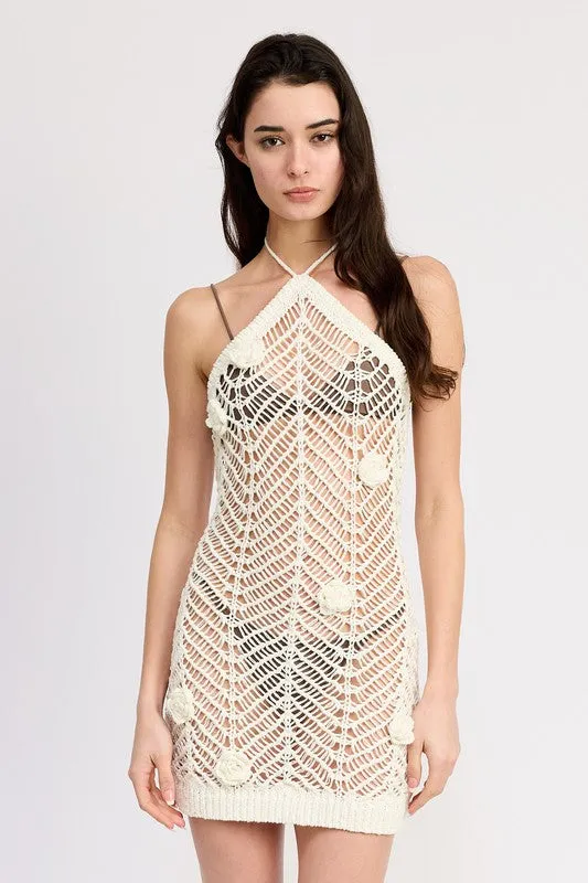HALTER NECK CROCHET COVERUP DRESS WITH FLOWER DETAIL