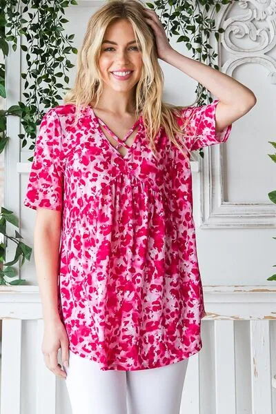 Hazel Blues® | Heimish Short Sleeve Crisscross Animal Babydoll Top