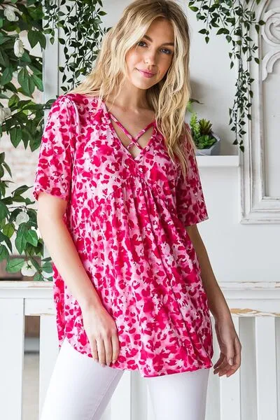 Hazel Blues® | Heimish Short Sleeve Crisscross Animal Babydoll Top