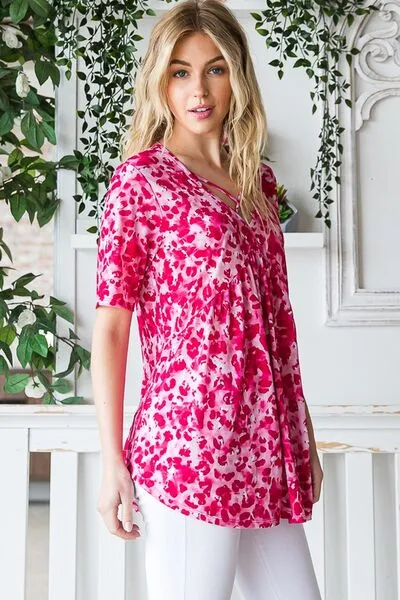 Hazel Blues® | Heimish Short Sleeve Crisscross Animal Babydoll Top