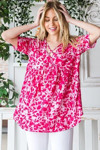 Hazel Blues® | Heimish Short Sleeve Crisscross Animal Babydoll Top