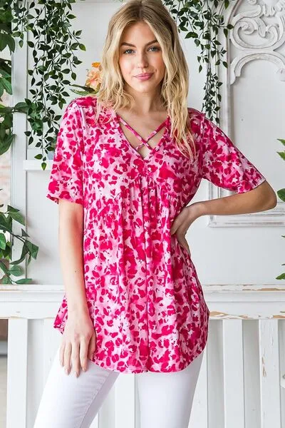 Hazel Blues® | Heimish Short Sleeve Crisscross Animal Babydoll Top
