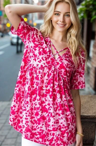 Hazel Blues® | Heimish Short Sleeve Crisscross Animal Babydoll Top