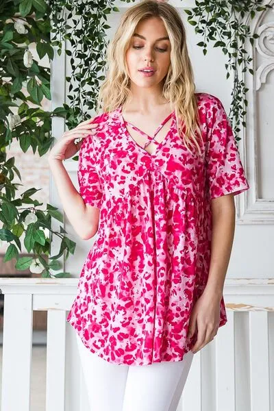 Hazel Blues® | Heimish Short Sleeve Crisscross Animal Babydoll Top
