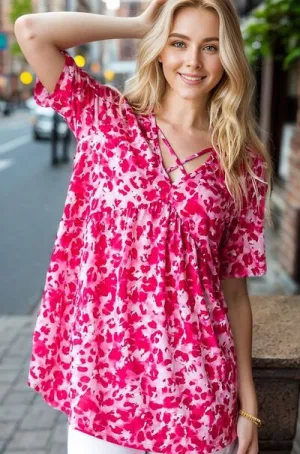 Hazel Blues® | Heimish Short Sleeve Crisscross Animal Babydoll Top