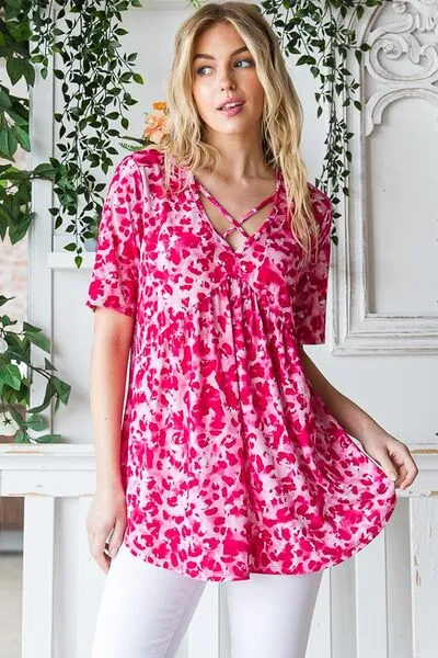 Hazel Blues® | Heimish Short Sleeve Crisscross Animal Babydoll Top