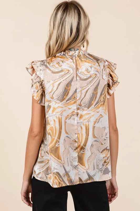 Hazel Blues® |  Mittoshop Abstract Print Ruffle Short Sleeve Satin Top