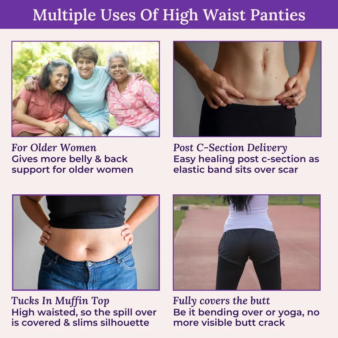 High Waisted Panties | Brief Cut | Full Butt & Hip Coverage | Flattens Belly, Slims & Shapes Silhouette | Soft Elastic At Waist, Leg Openings & Thigh Round | Friction Free & Rash Free