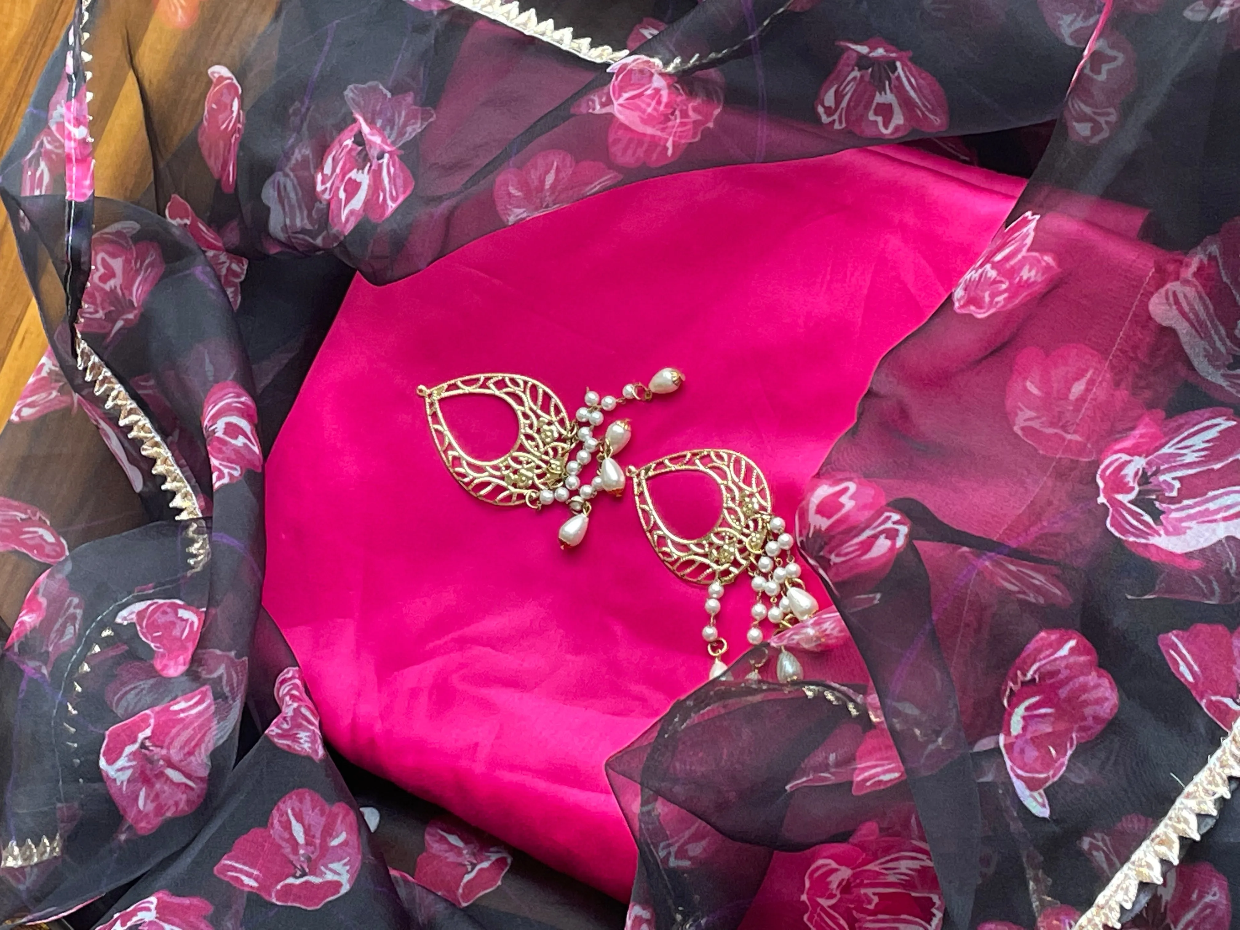 Hot Pink and Black Organza Dupatta Salwar Suit