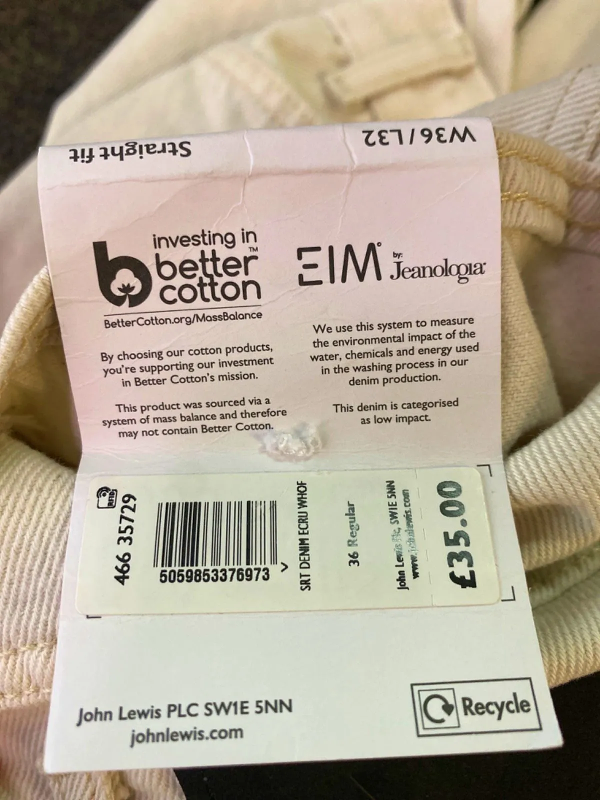 John Lewis & Partners Anyday Cream Straight Fit Trousers W 36/L 32