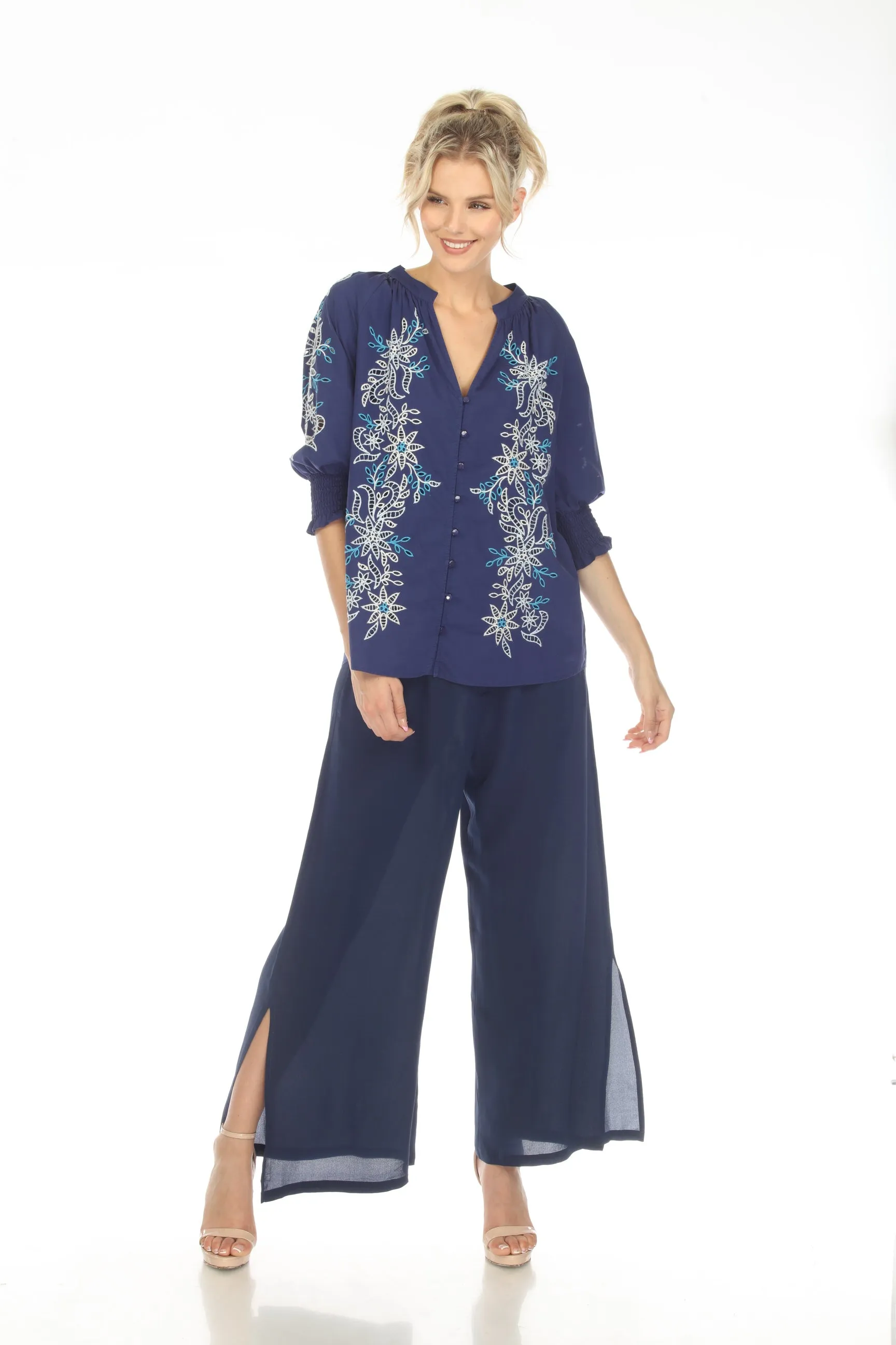 Johnny Was Navy High Slit Silk Wide Leg Pants Boho Chic R60222