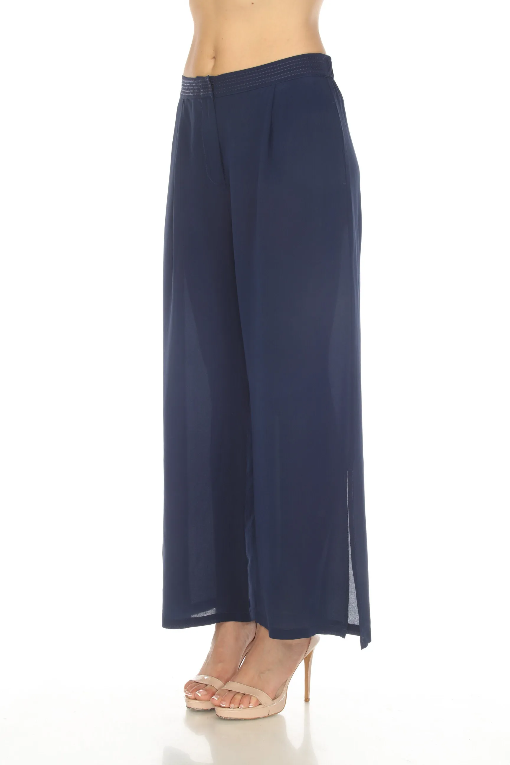 Johnny Was Navy High Slit Silk Wide Leg Pants Boho Chic R60222