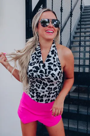 Karissa Halter Cowl Neck Top - Grey Animal