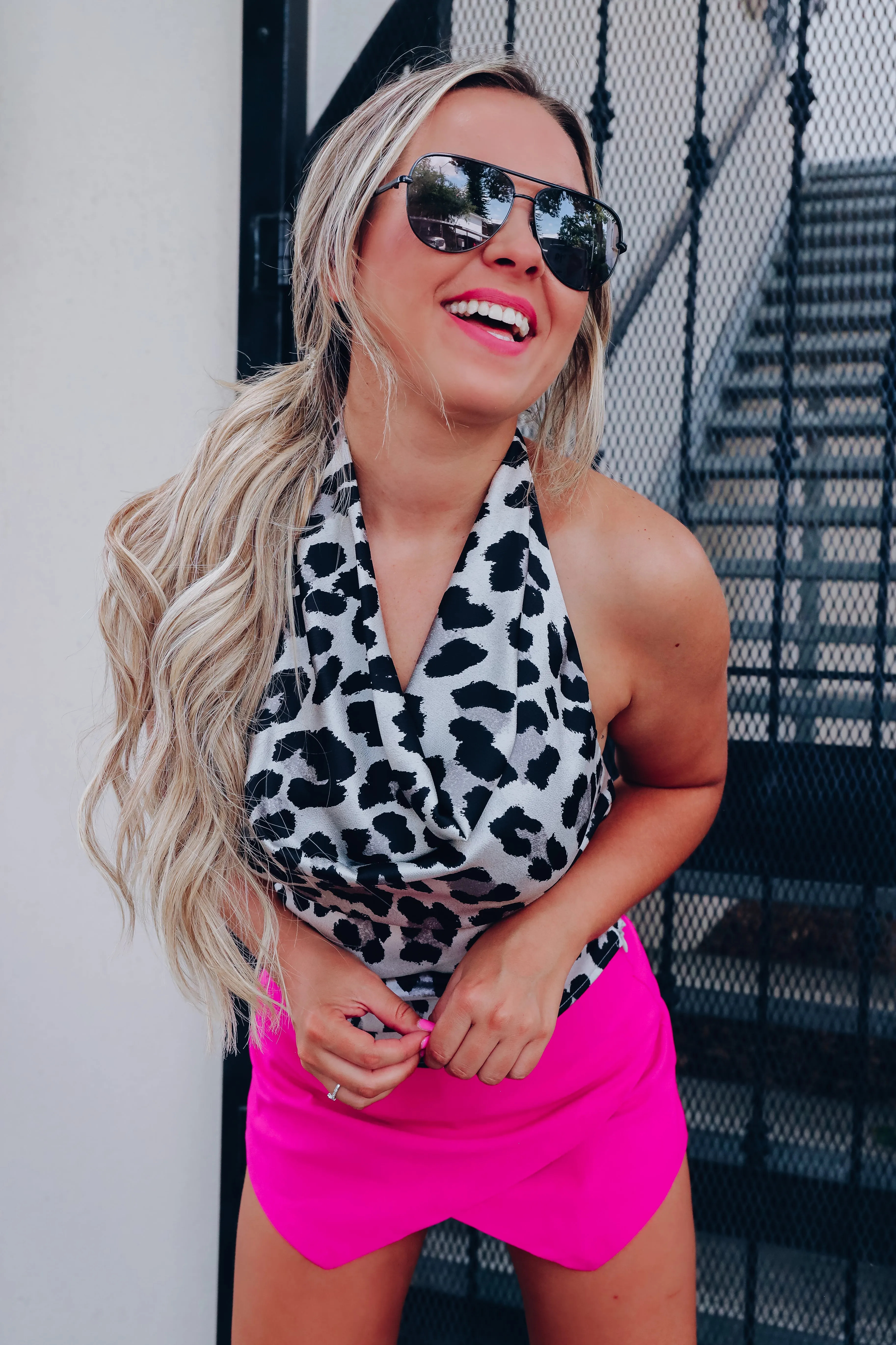 Karissa Halter Cowl Neck Top - Grey Animal