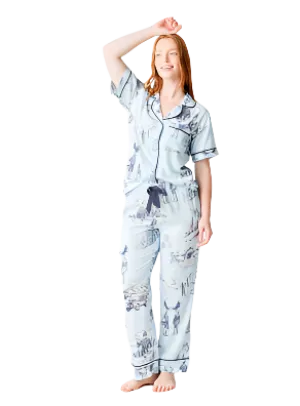 Katie Kime - Apres Ski Toile Pajamas Pants Set - Light Blue/Navy