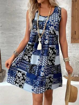 Ladies Boho Style U Neck Print Beach Dresses