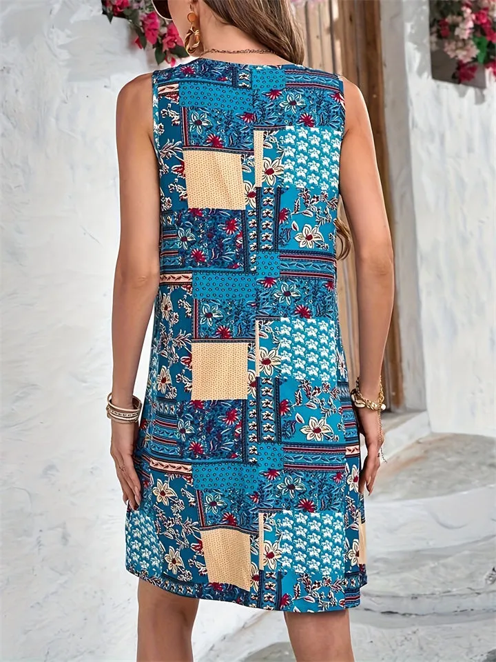 Ladies Boho Style U Neck Print Beach Dresses
