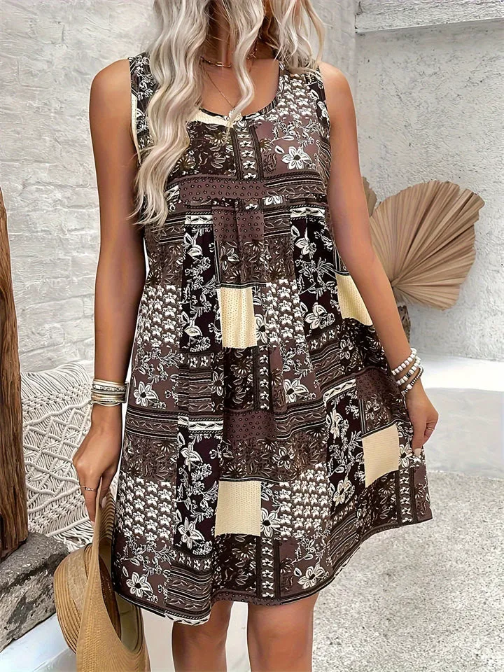 Ladies Boho Style U Neck Print Beach Dresses
