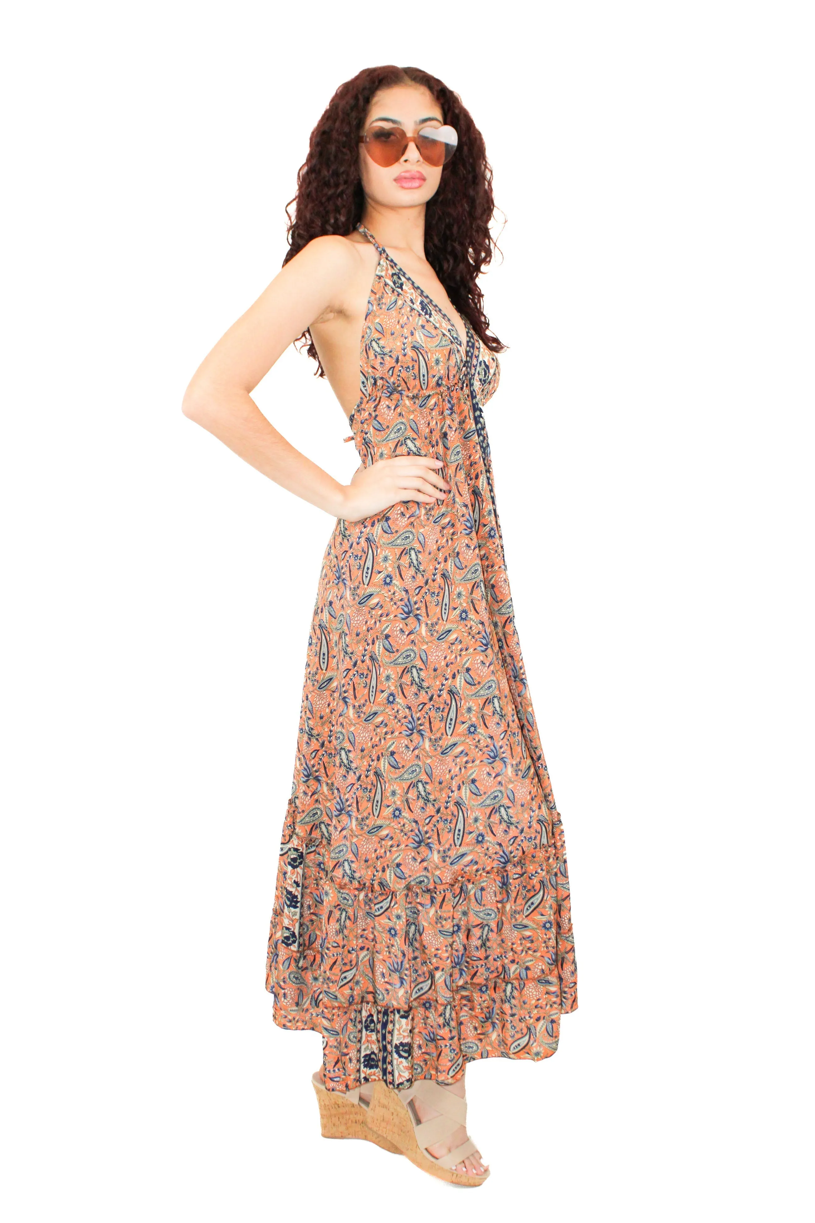 Lazy Daisy high-low adjustable halter dress in Orange (DK-5036S)