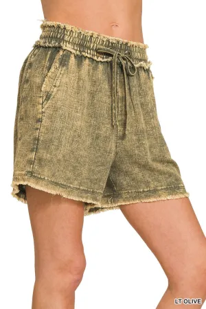 Light Olive Washed Frayed Hem Zenana Shorts 1/13/25 9236