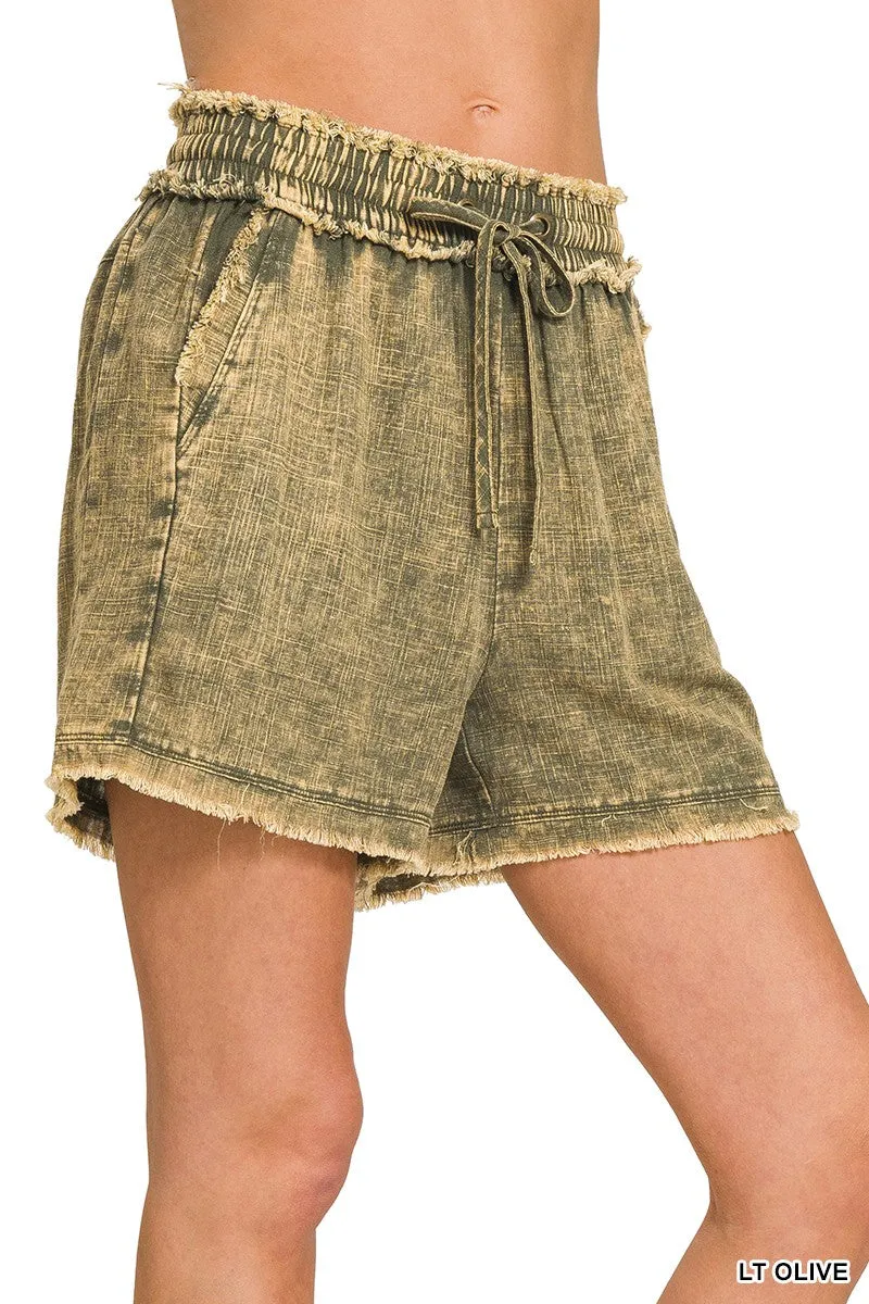Light Olive Washed Frayed Hem Zenana Shorts 1/13/25 9236