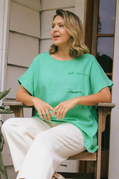 Lime Green Linen Blend Cuffed Sleeve Frayed Hemline Top