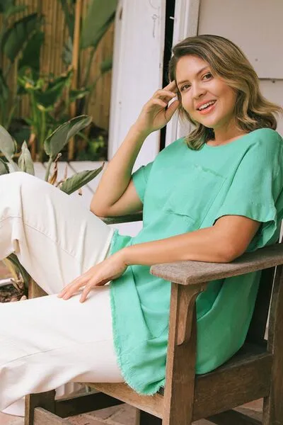 Lime Green Linen Blend Cuffed Sleeve Frayed Hemline Top