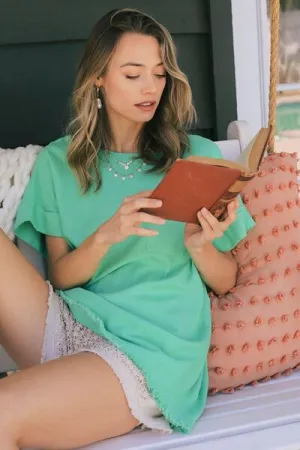 Lime Green Linen Blend Cuffed Sleeve Frayed Hemline Top