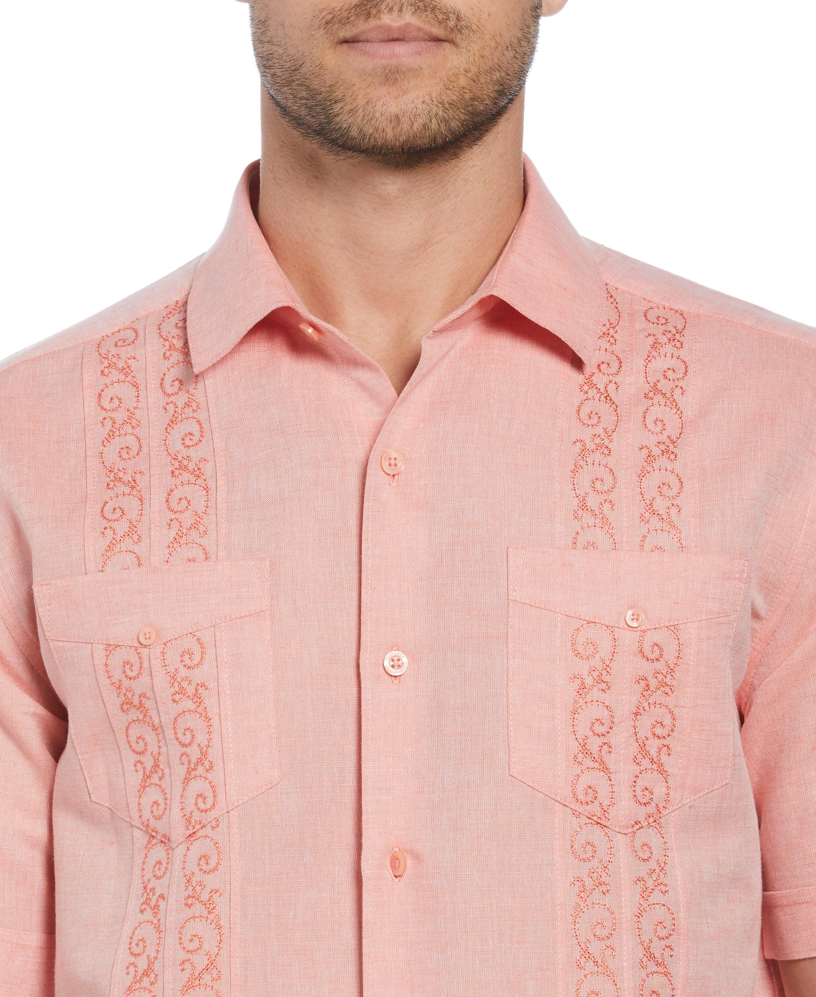 Linen Blend Embroidered Panel Guayabera Shirt