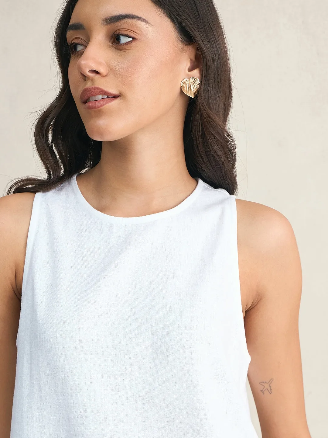 Linen Blend White Asymmetrical Top