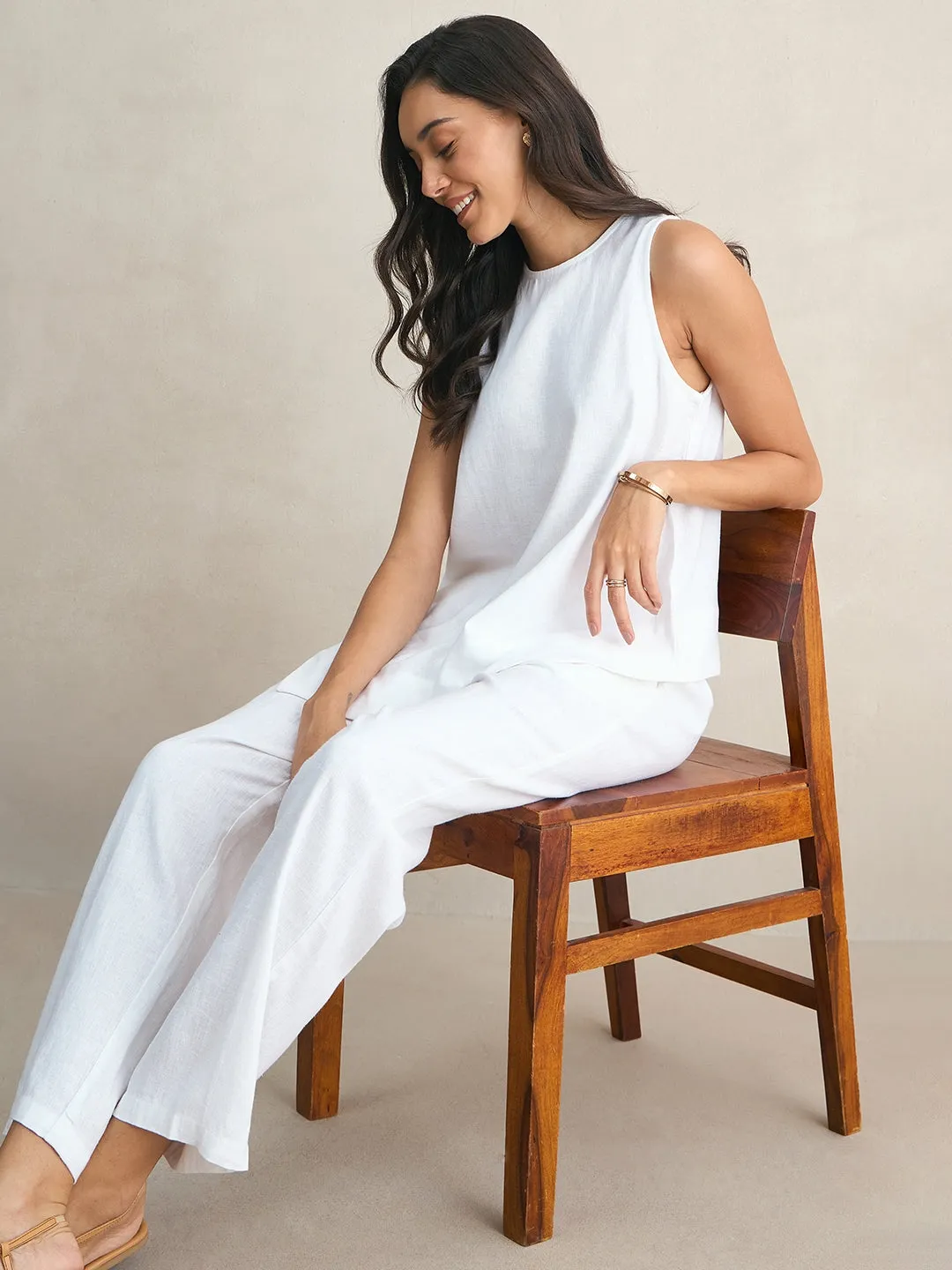 Linen Blend White Asymmetrical Top