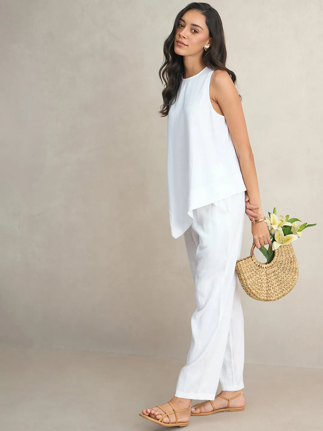 Linen Blend White Asymmetrical Top