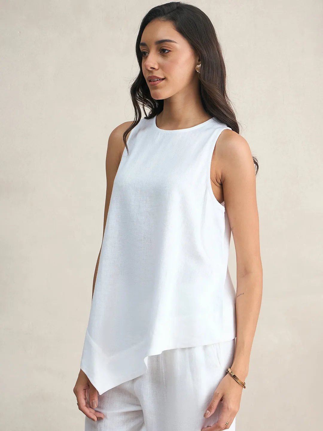 Linen Blend White Asymmetrical Top