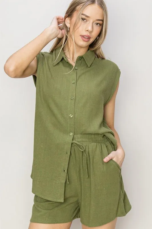 Linen Button-Down Shirt And Shorts Set