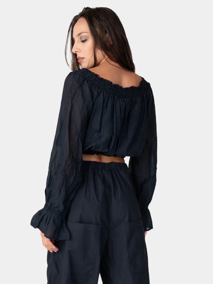 Long Flair Sleeve Bardot Crop Top