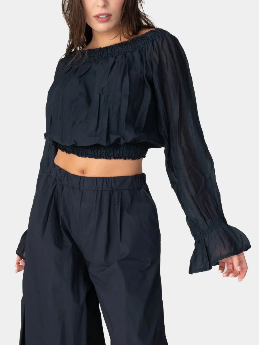 Long Flair Sleeve Bardot Crop Top