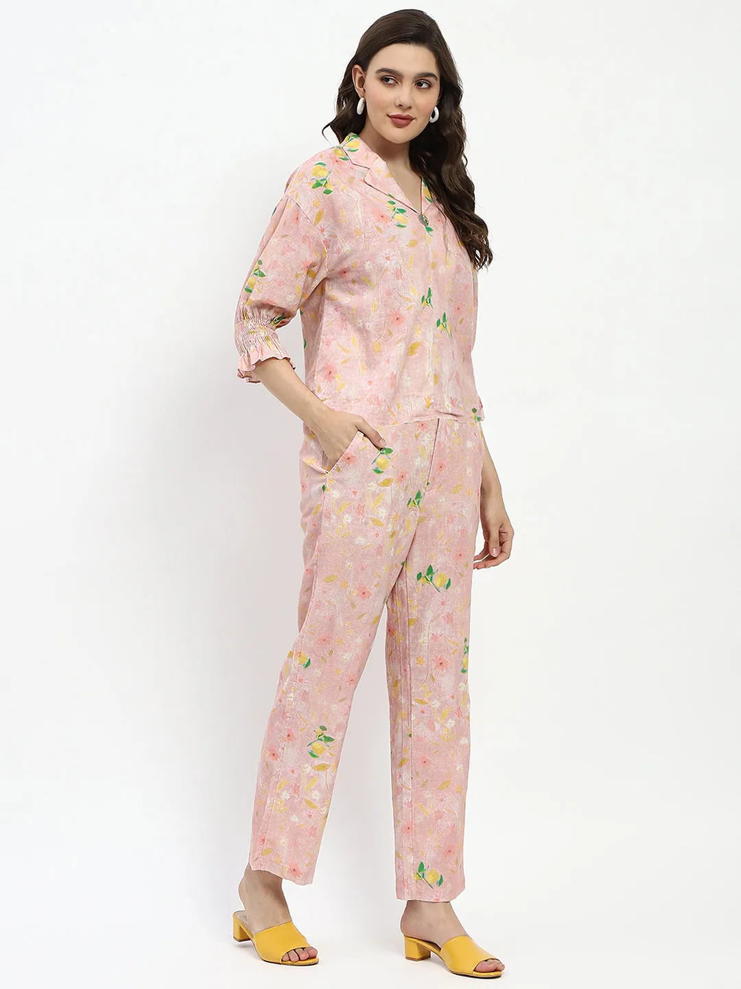 Madame Floral Print Cotton And Linen Peach Co-Ord Set