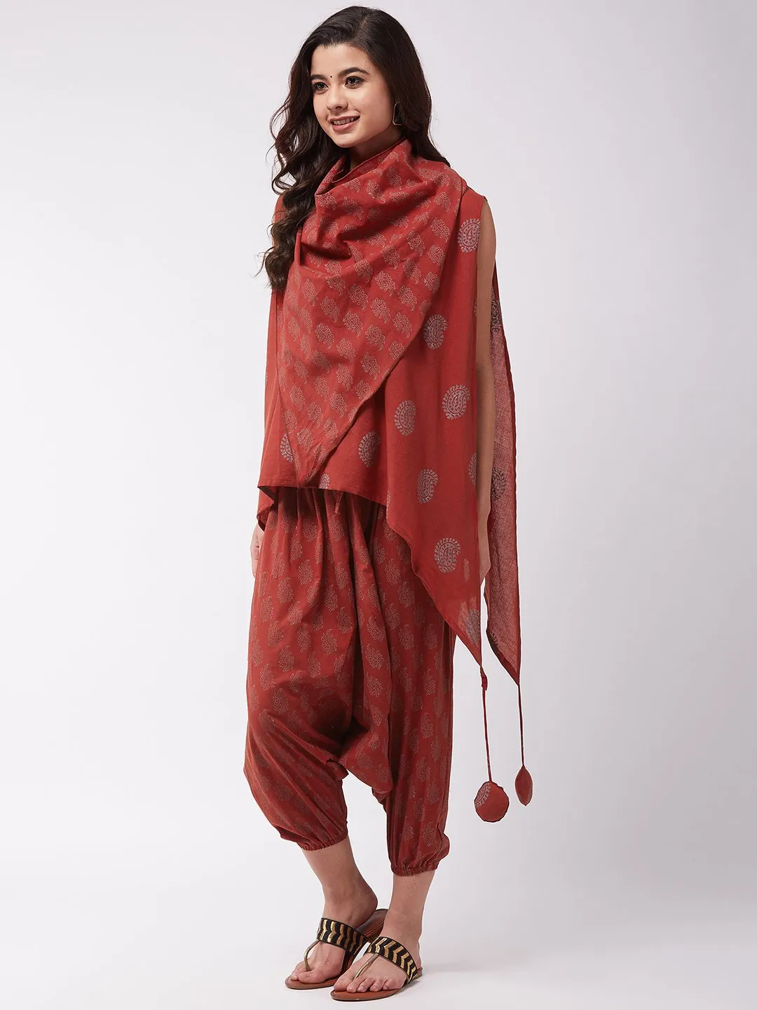 Maroon Block Print Tassel Top Harem Set