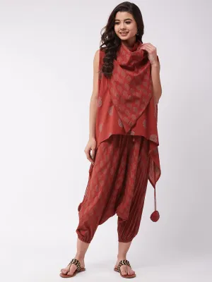 Maroon Block Print Tassel Top Harem Set