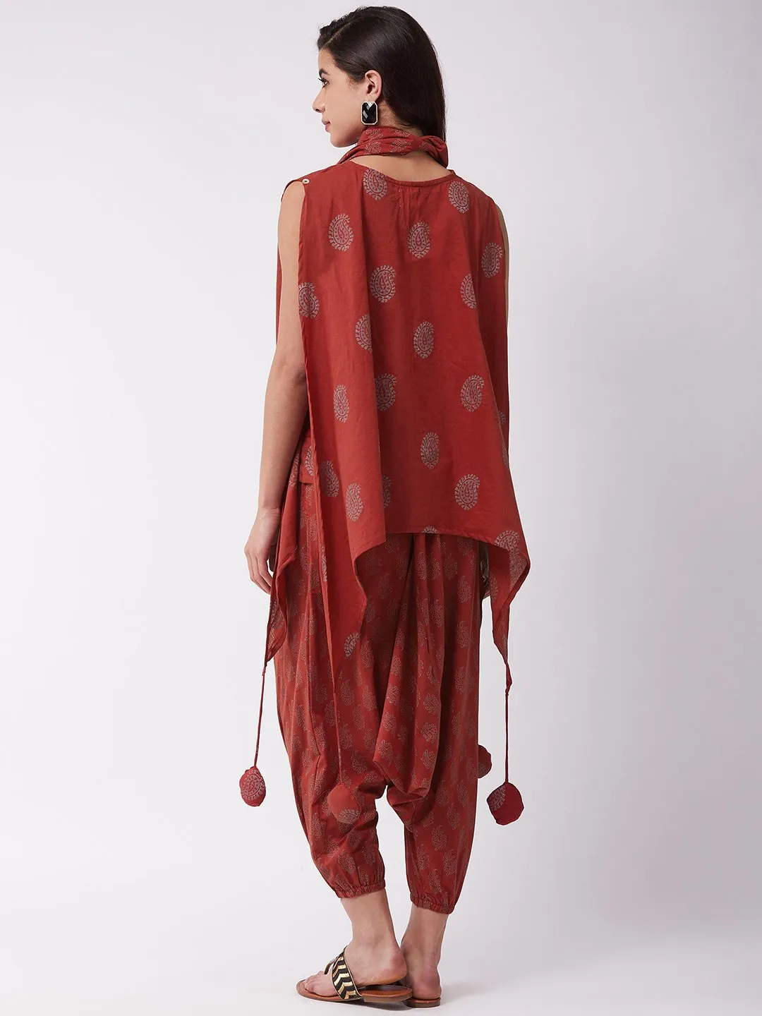 Maroon Block Print Tassel Top Harem Set