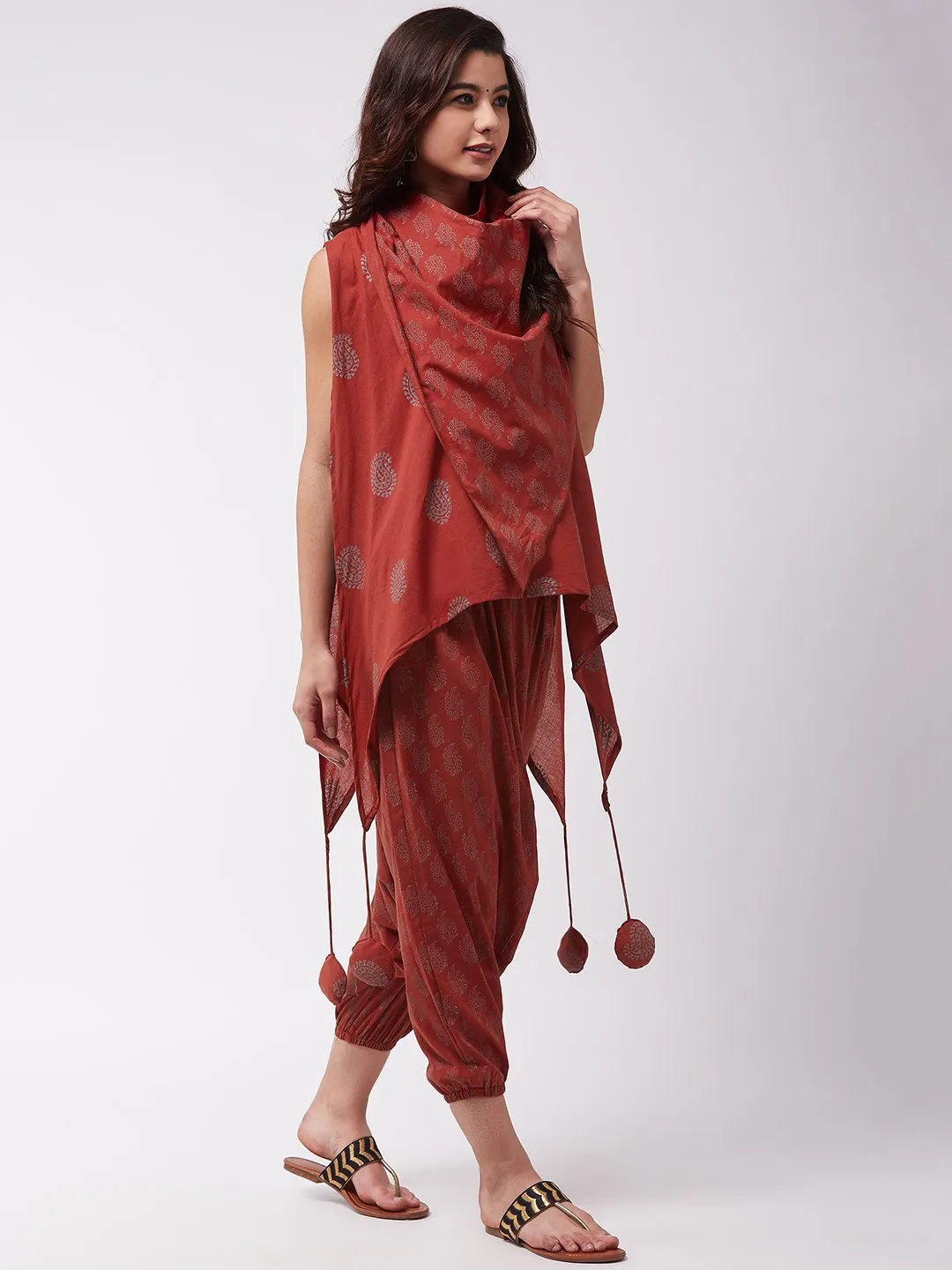 Maroon Block Print Tassel Top Harem Set