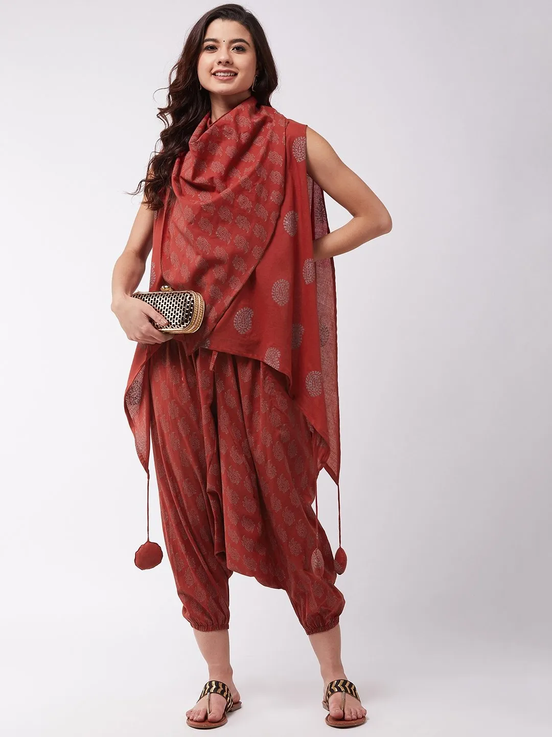 Maroon Block Print Tassel Top Harem Set