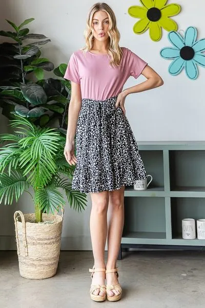 Mauve Short Sleeve Solid And Animal Print Mini Dress