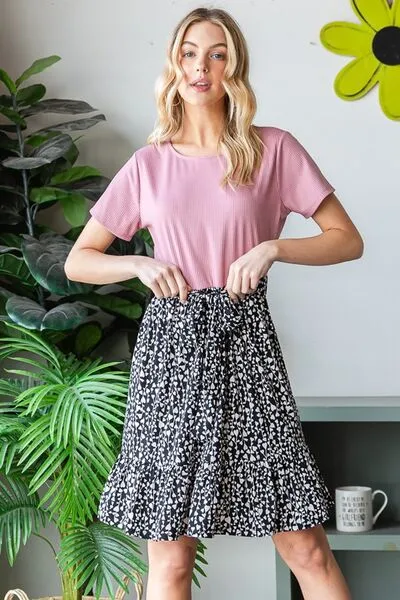 Mauve Short Sleeve Solid And Animal Print Mini Dress