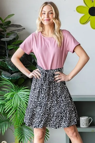 Mauve Short Sleeve Solid And Animal Print Mini Dress