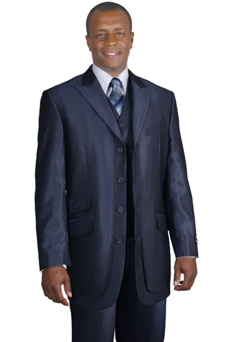 Mens 3 Button Tonal Sharkskin Peak Lapel Vested Fashion Suit in Navy