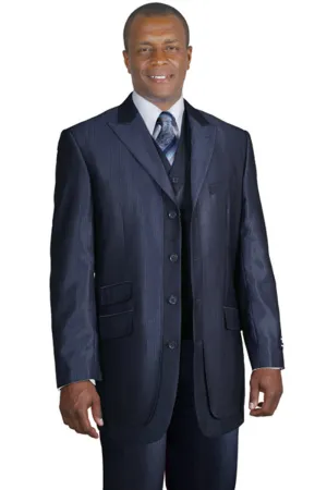 Mens 3 Button Tonal Sharkskin Peak Lapel Vested Fashion Suit in Navy