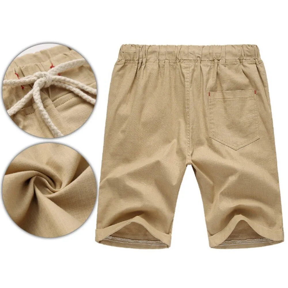 Men's Casual Solid Color Drawstring Waist Flax Straight Half Pans Beach Breeches