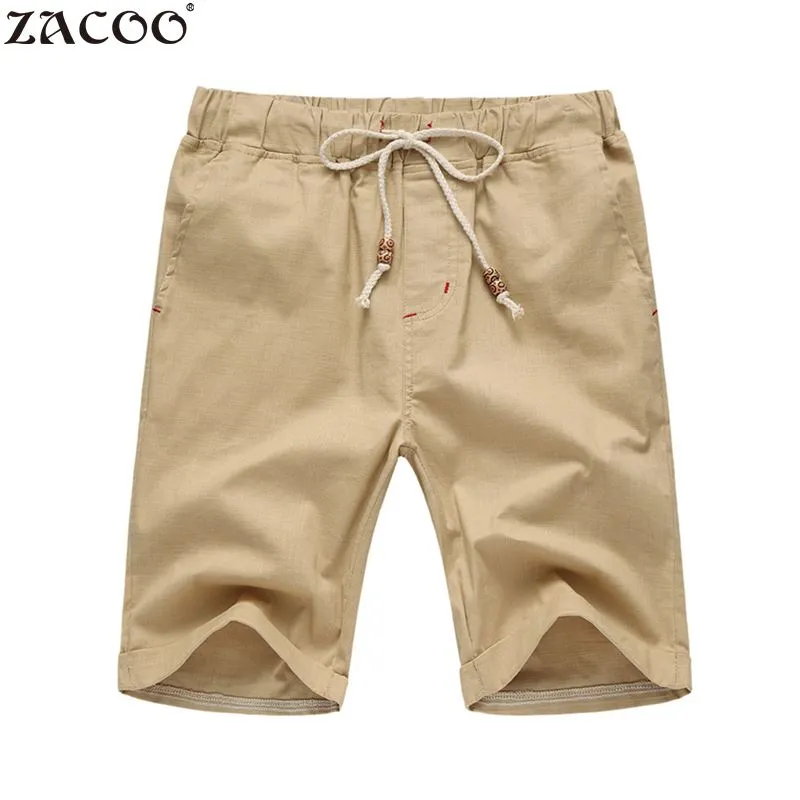 Men's Casual Solid Color Drawstring Waist Flax Straight Half Pans Beach Breeches
