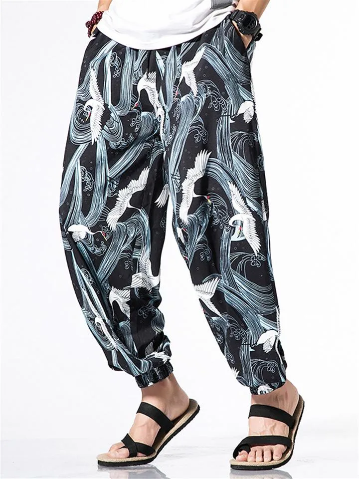 Mens Exotic Crane Elastic Waist Ankle Banded Pants